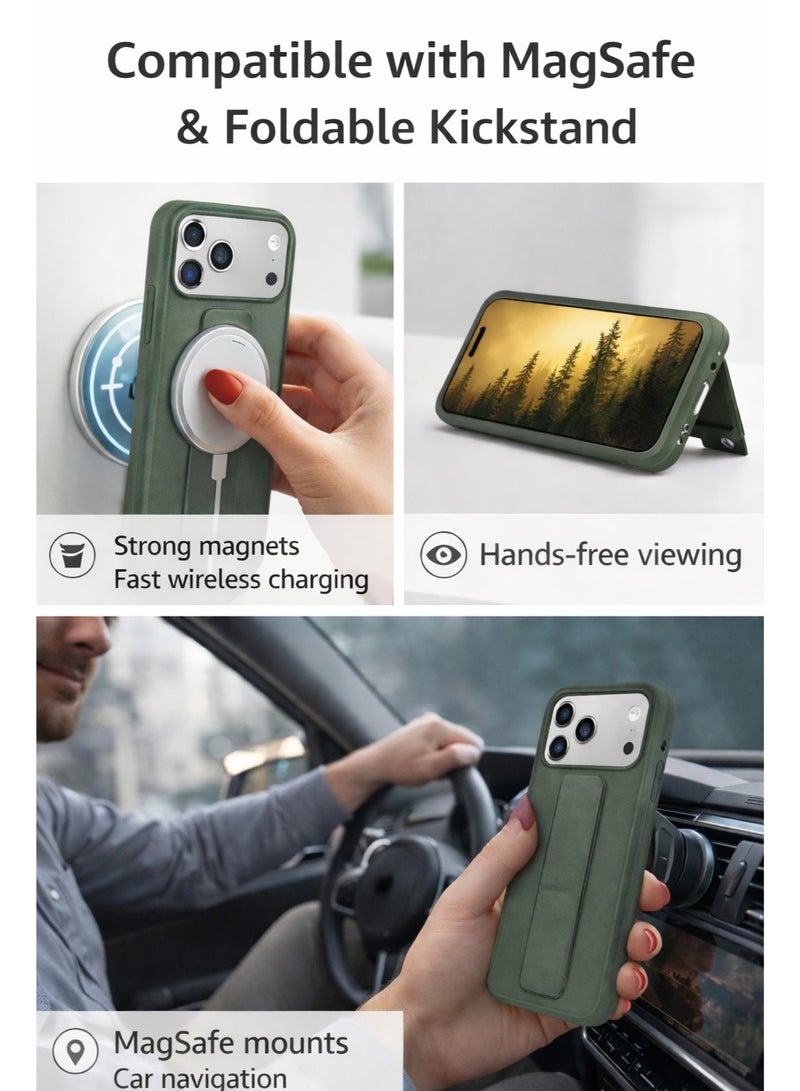 COVERSCART Apple iPhone 17 Pro Premium Silicon Case with Magnetic Stand & Finger Grip, Car Mount Compatible Kickstand Cover – Green - Image 5
